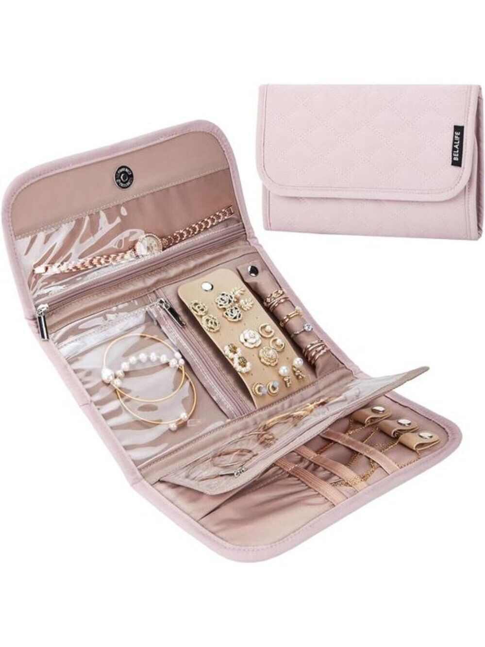 Travel Jewelry Case Organizer Foldable Jewelry Roll Storage Bag Pink for Earring